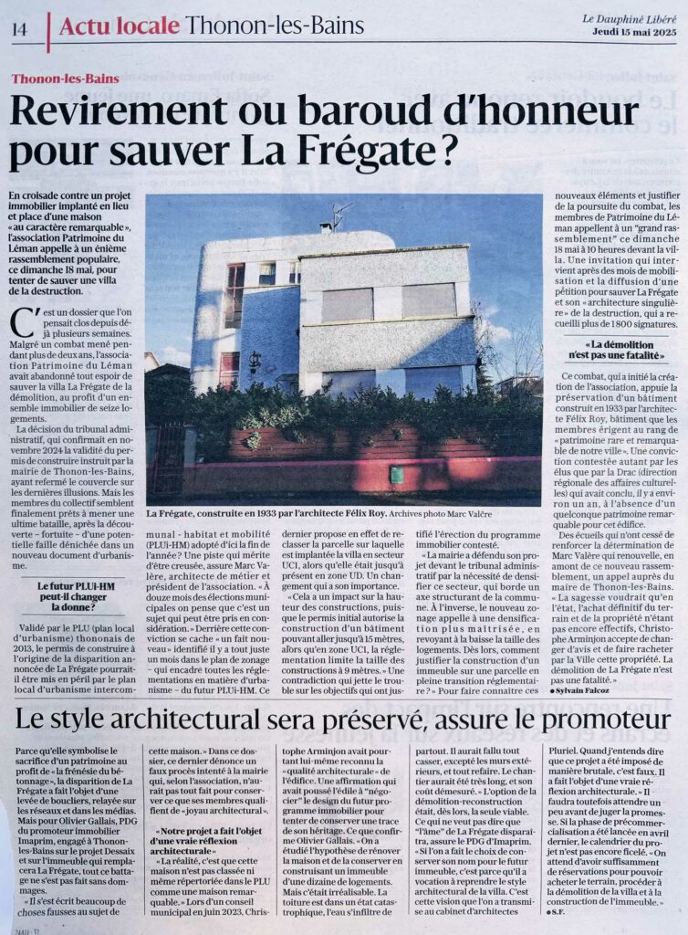 Revirement ou baroud d’honneur pour sauver la Frégate ? Le Dauphiné libéré du 15 mai 2025